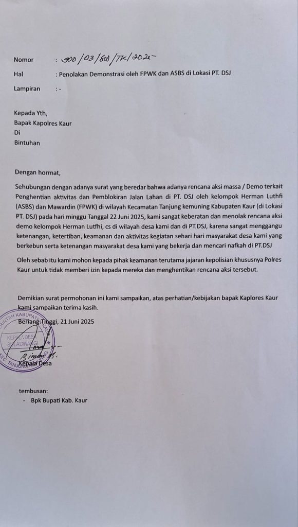 Perwakilan Pekerja PT DSJ Kirim Surat Permohonan Penolakan Demo Tapal Batas Oleh ASBS dan FPWK Di Lokasi PT DSJ Ke Kapolres Kaur.