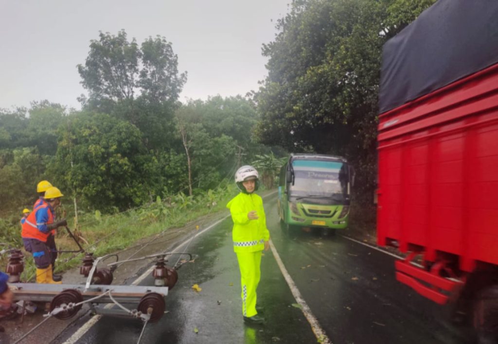Satlantas Polres Way Kanan Evakuasi Tiang Listrik Tumbang Tutupi Jalinsum Suka Negeri
