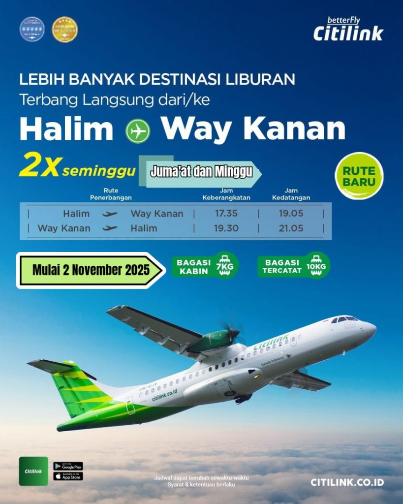 Jadwal Baru Penerbangan Citilink Halim-Way Kanan, Terbang Setiap Jum’at dan Minggu