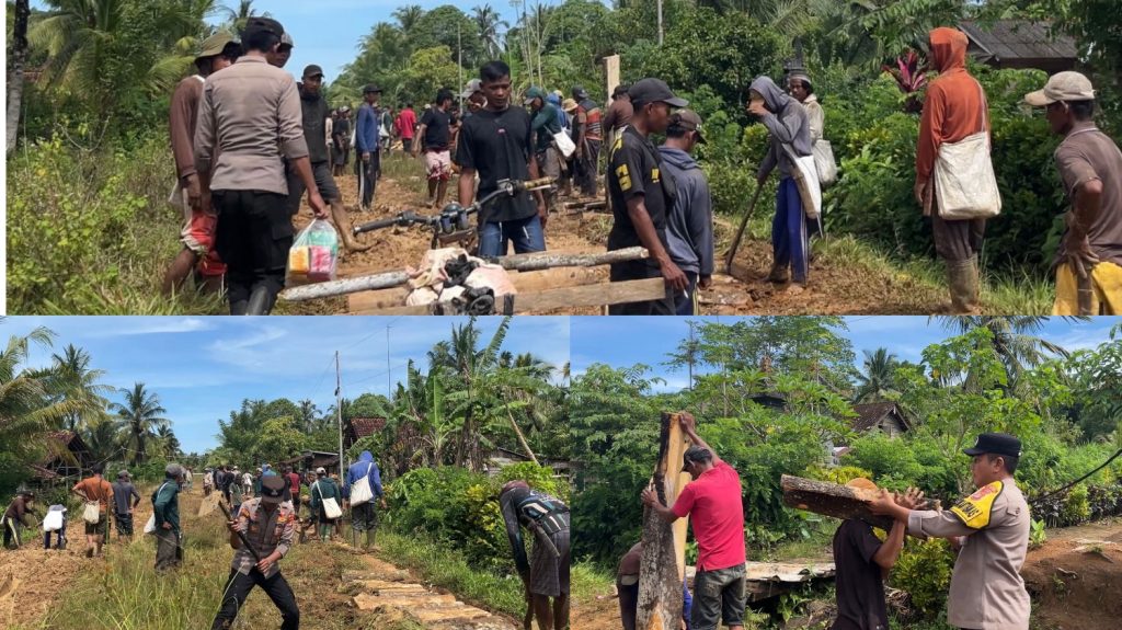 PERSONEL POSPOL MARGA BELIMBING LAKSANAKAN GOTONG ROYONG PERBAIKAN JALAN PENGHUBUNG ANTAR PEKON