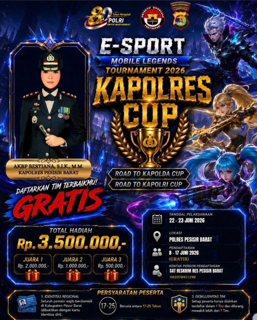 KAPOLRES PESISIR BARAT GELAR TURNAMEN E-SPORT MOBILE LEGENDS KAPOLRES CUP 2026 DALAM RANGKA HUT BHAYANGKARA KE-80